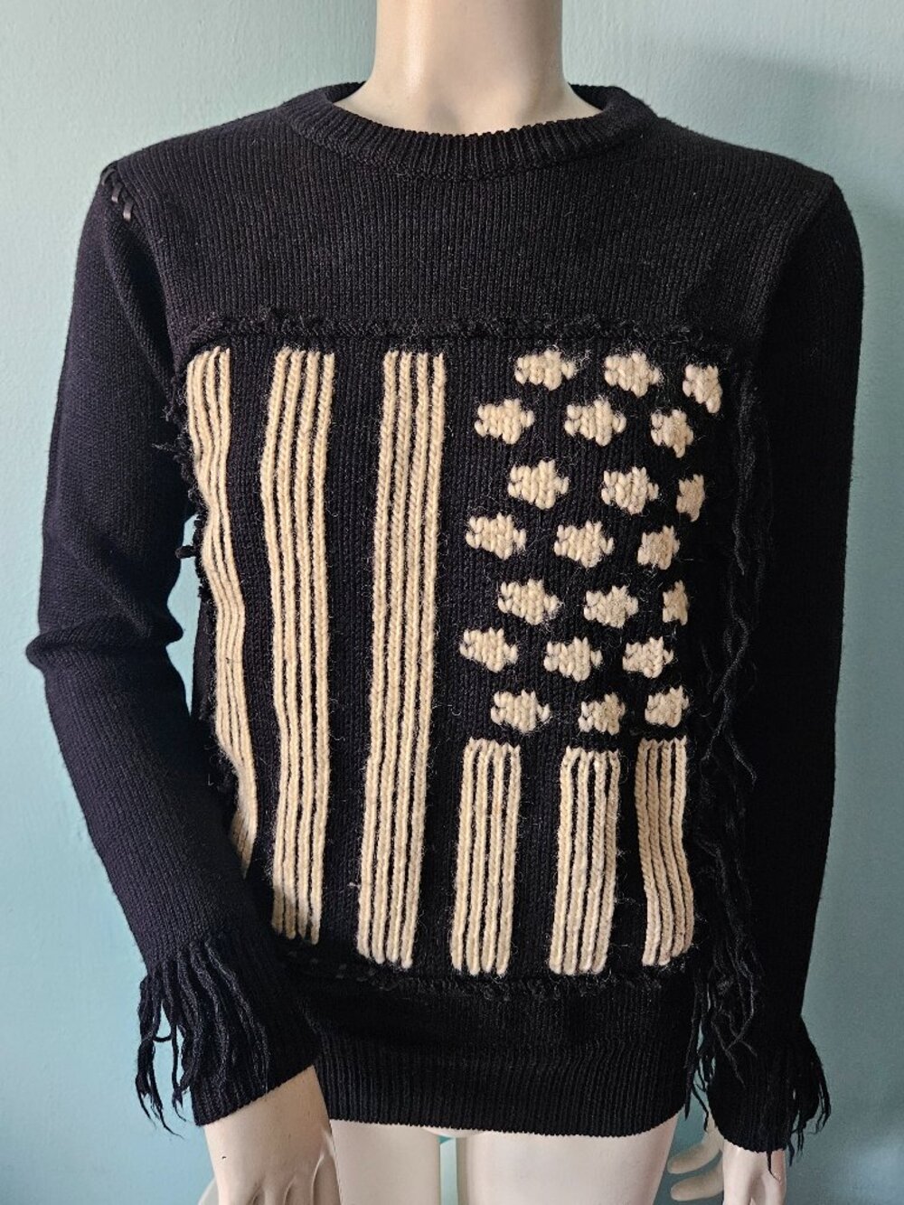 Coach 86294 American Flag Sweater XS Merino Wool Mohair Fringe Black Distressed